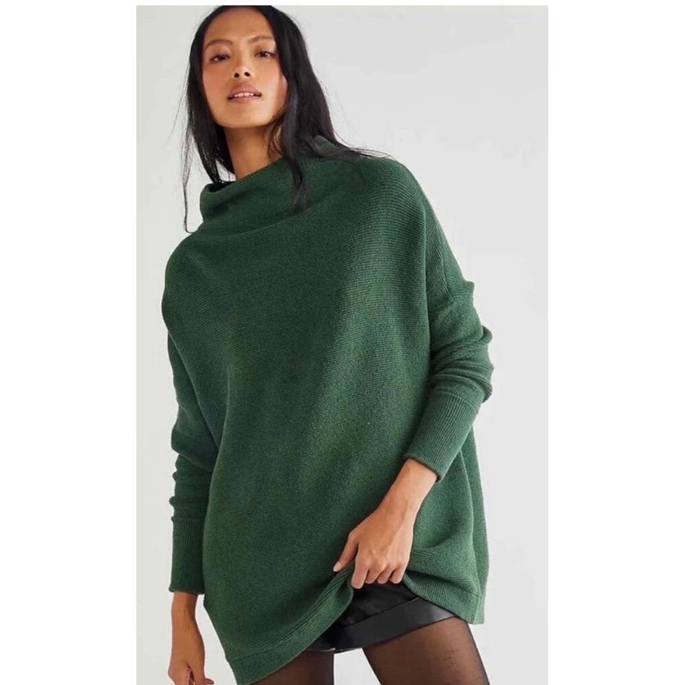 Free People Ottoman Slouchy Tunic Sweater Forest Green Ribbed Mock Neck Small